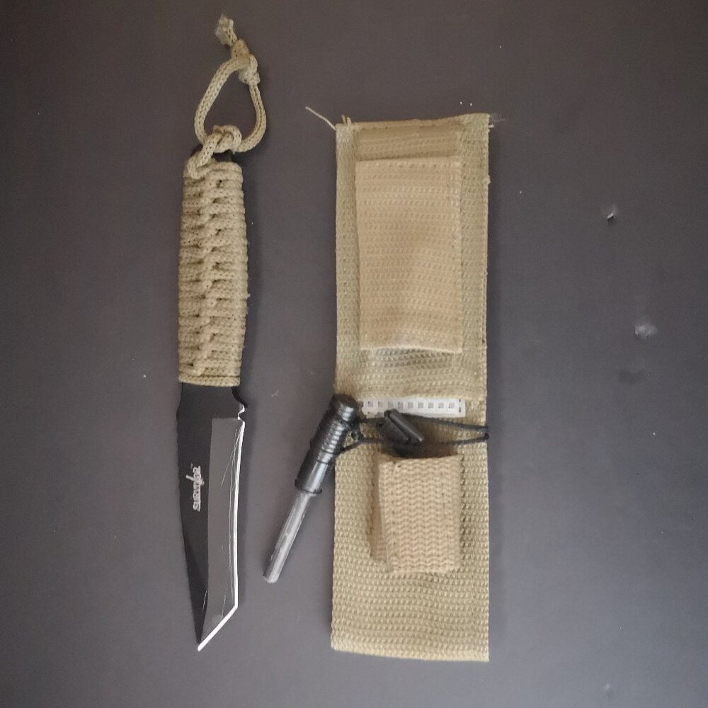 Survivor Stainless Steel 8" Nylon Wrapped Black Blade Knife w/ Fire Starter